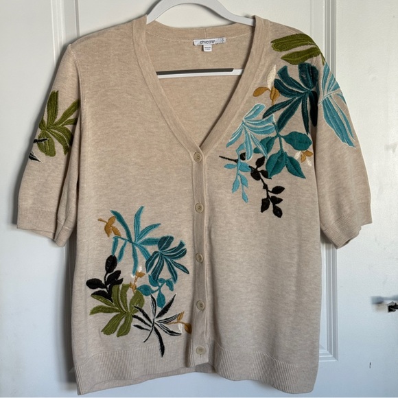 Chico's Tan Floral Embroidered Cardigan Size 2/Large - Picture 1 of 9